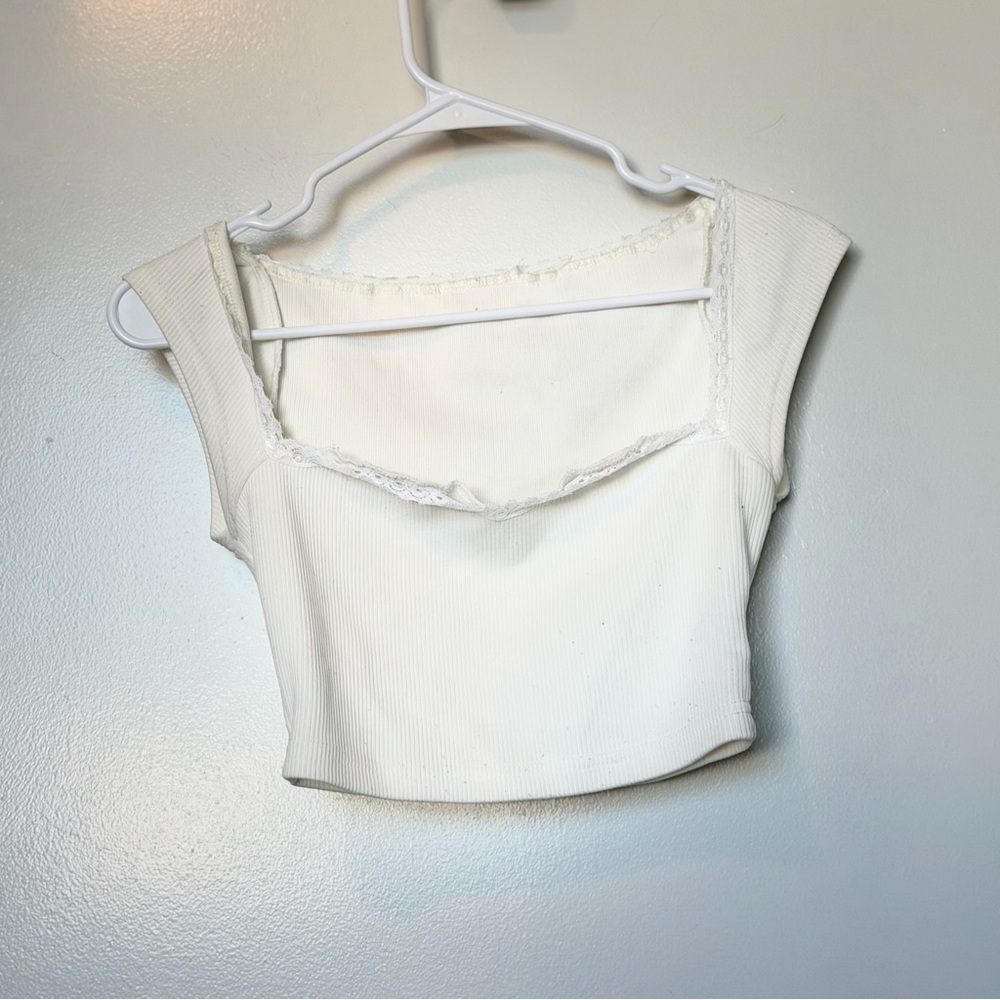 SHEIN White Ribbed Square-Neck Lace-Trim Crop Top